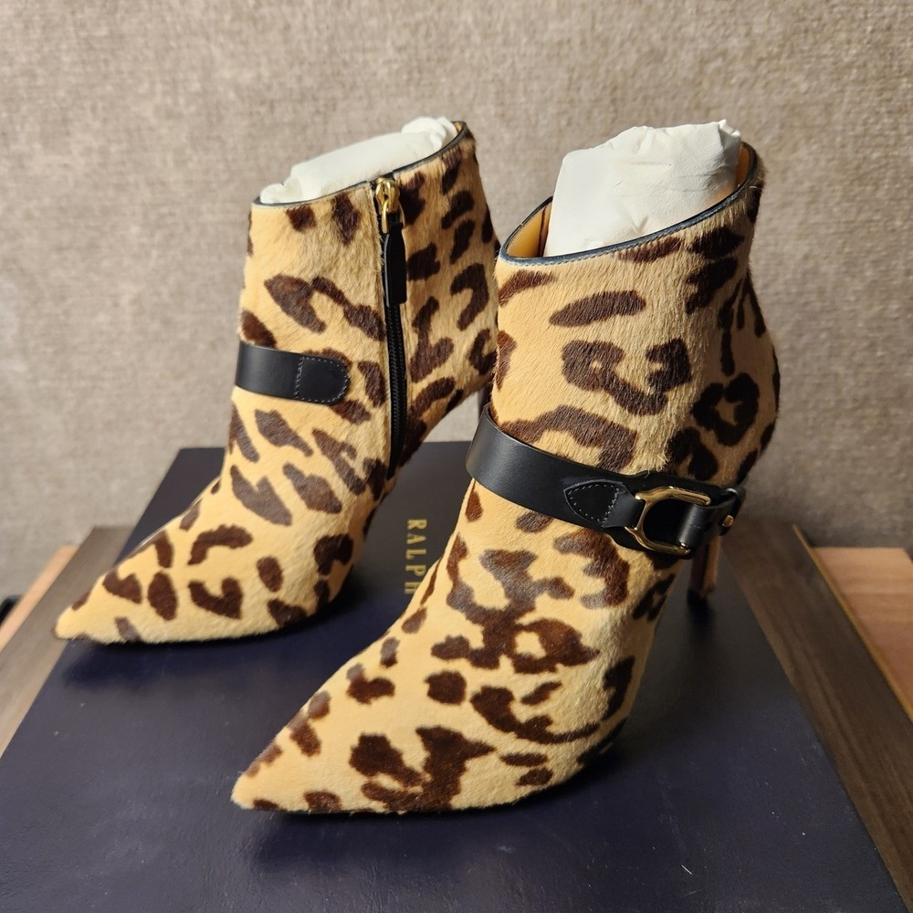 Ralph Lauren Ankle Boots Women 38 Tan Black Leopard Calf Hair Stirrup Buckle NEW